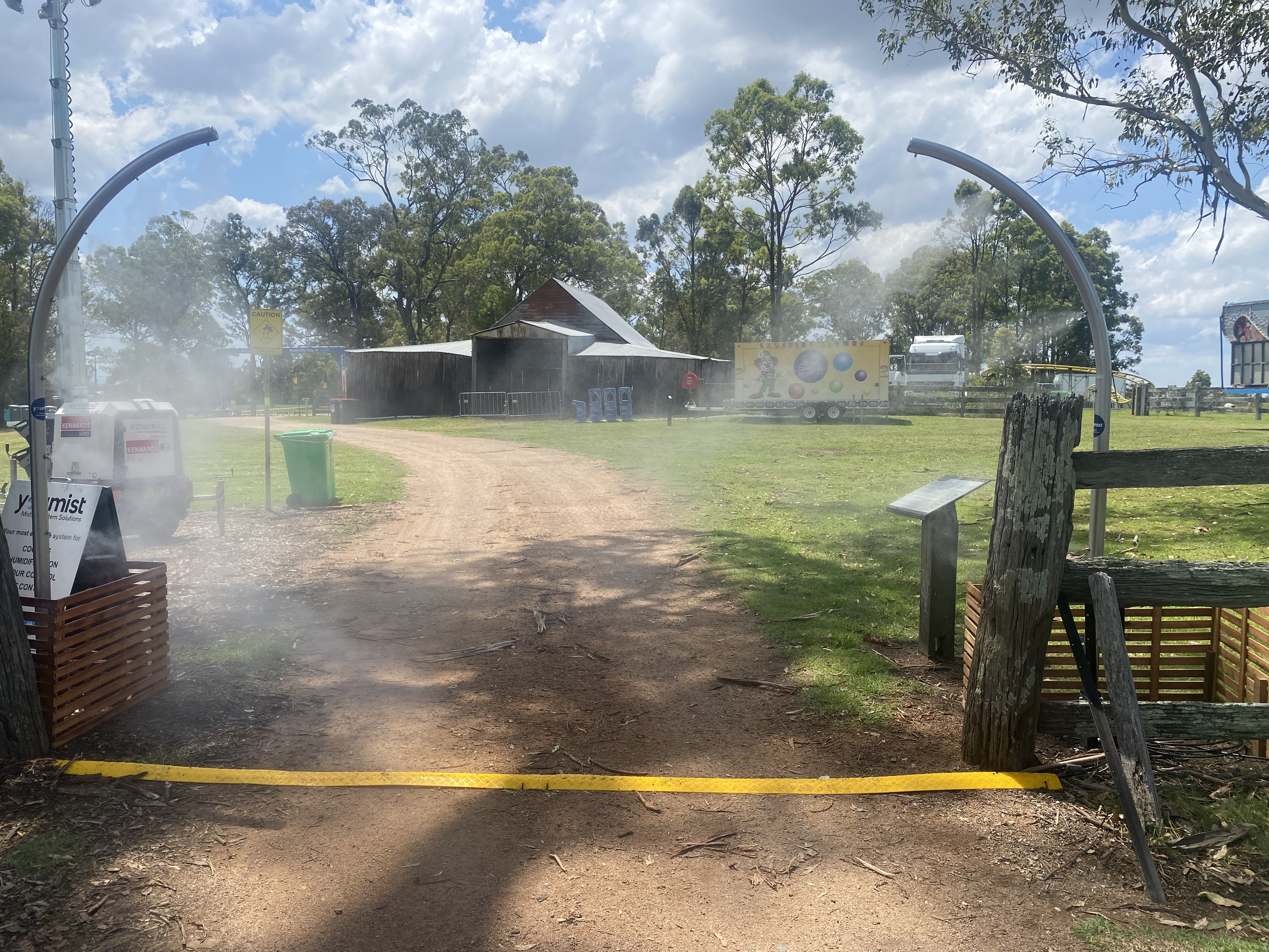 Cooling station arch at outdoor event grounds