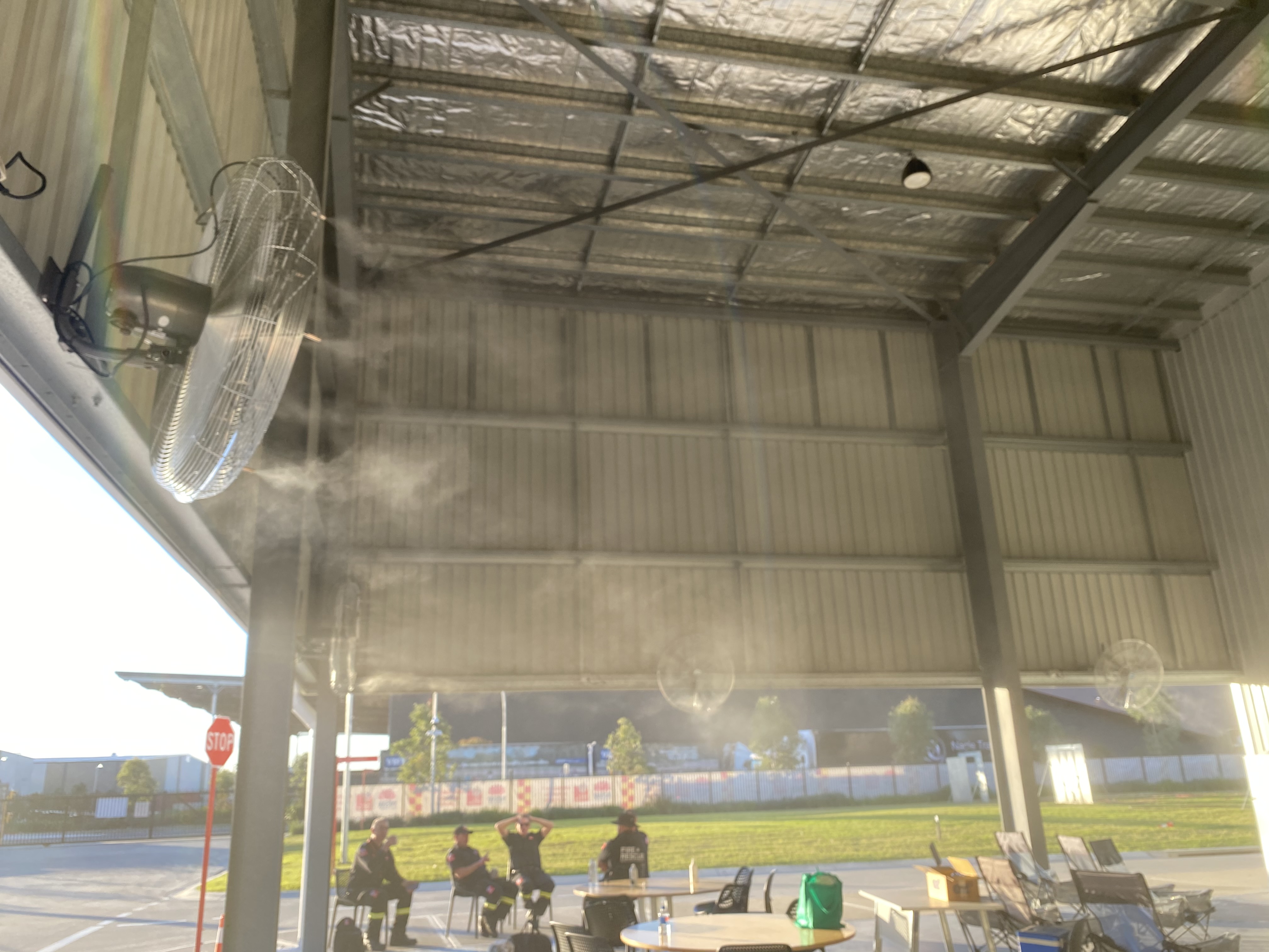 Misting fan in fire station shed
