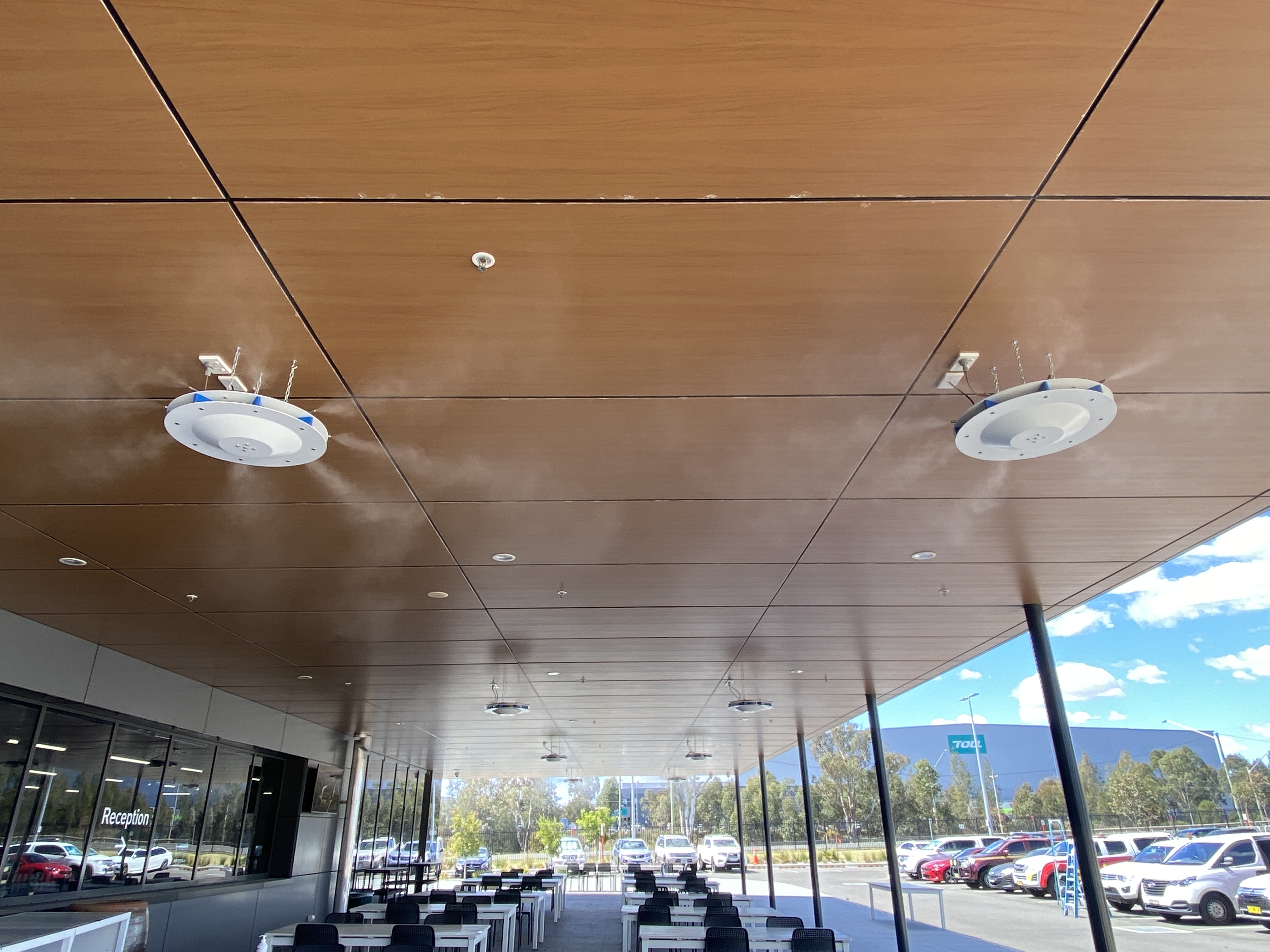 Ceiling-mounted misting fans at commercial venue
