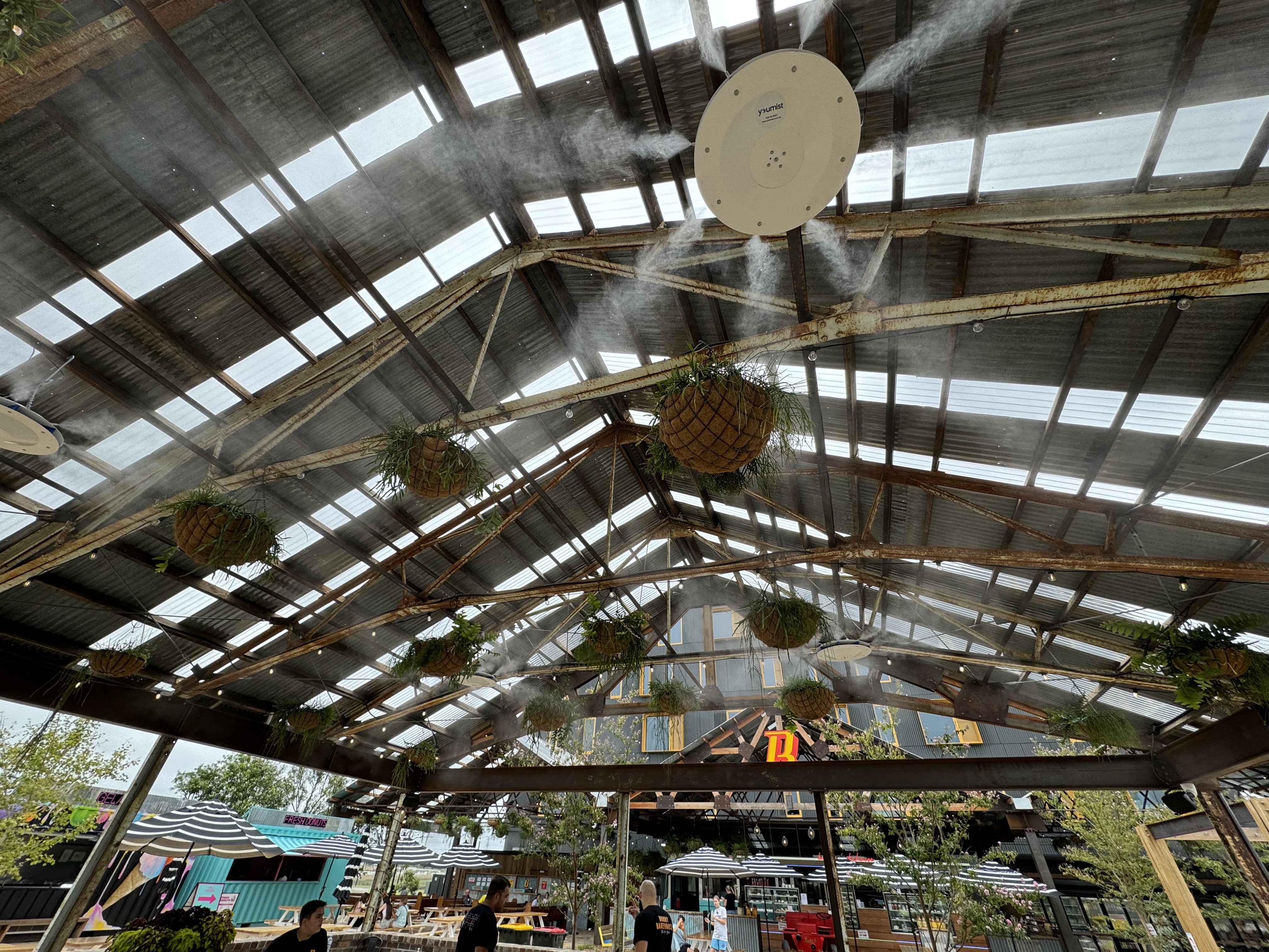 Ceiling misting fan at food market