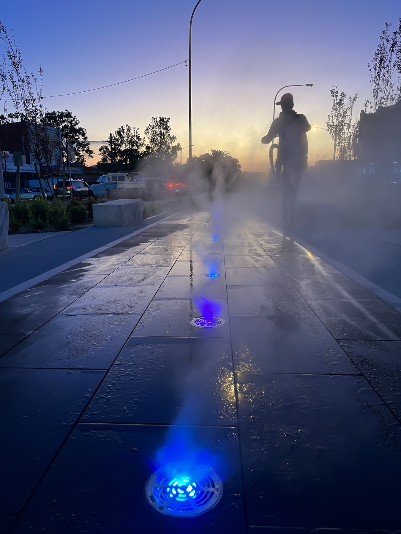 Kurri Kurri Town Centre misting and LED installation at dusk