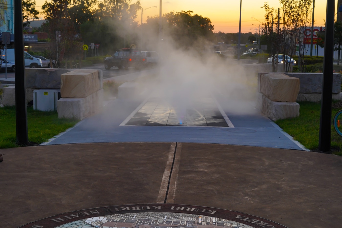 Kurri Kurri Town Centre flush-mount misting at dusk